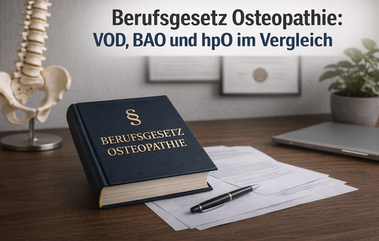 Gesetzesbuch mit Titel Berufsgesetz Osteopathie auf Schreibtisch