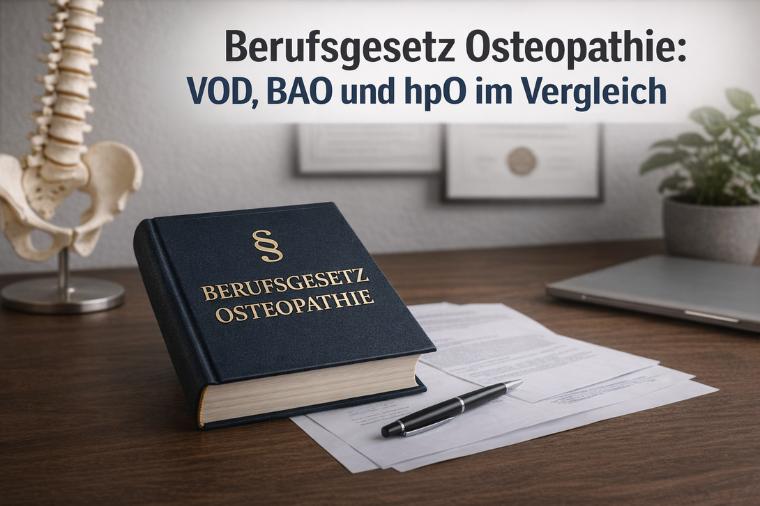 Gesetzesbuch mit Titel Berufsgesetz Osteopathie auf Schreibtisch